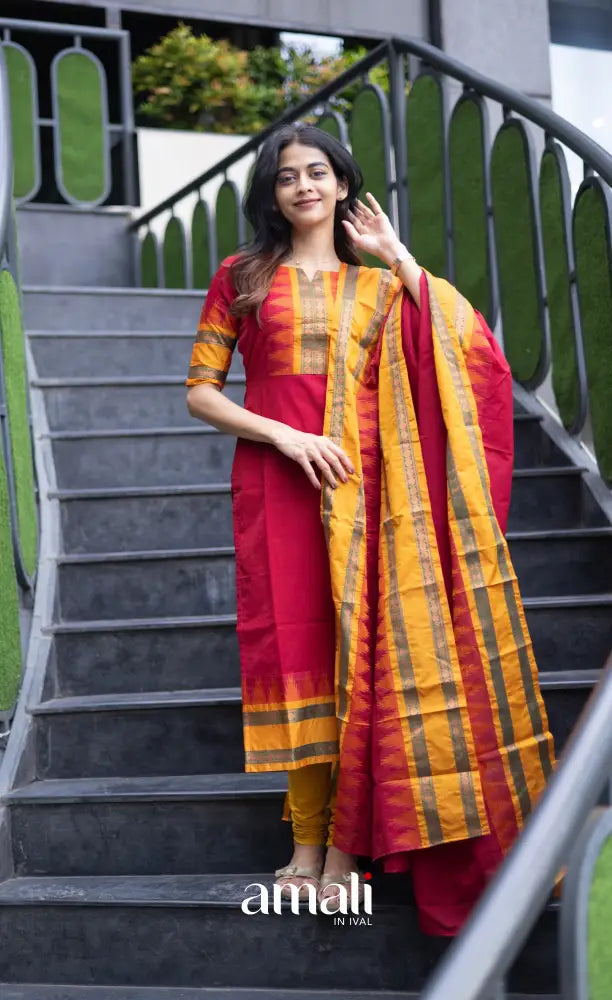 Meera Chettinad Cotton Salwar - dark Red and Mustard salwar
