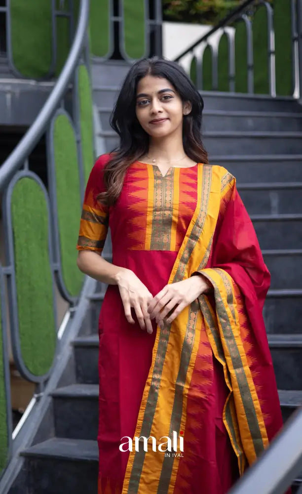 Meera Chettinad Cotton Salwar - dark Red and Mustard salwar