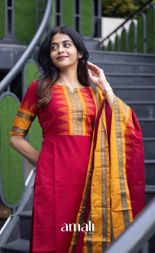 Meera Chettinad Cotton Salwar - dark Red and Mustard salwar