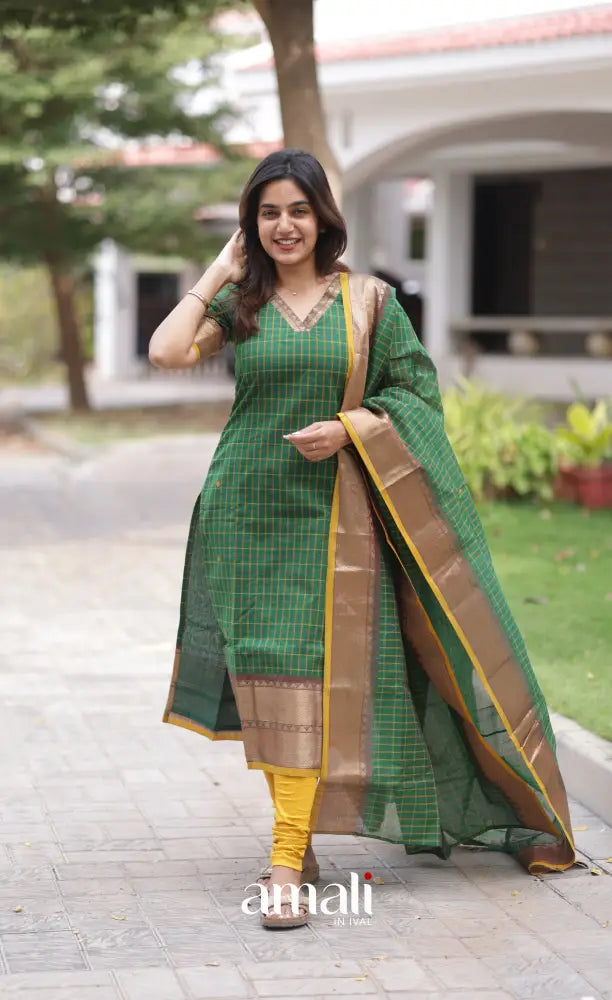 Meera Chettinad Cotton Salwar - Deep Green and Mustard salwar
