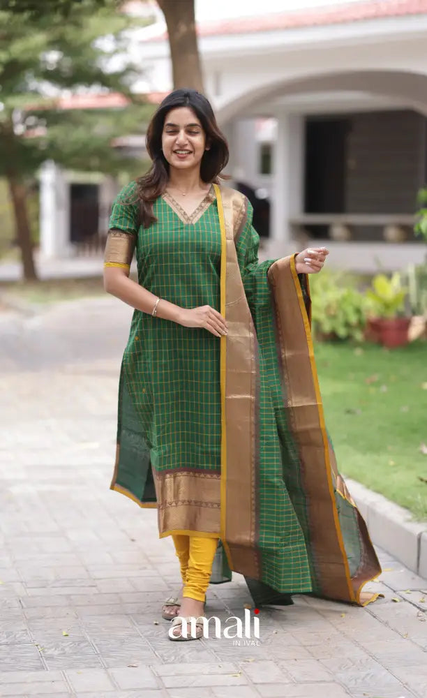 Meera Chettinad Cotton Salwar - Deep Green and Mustard salwar