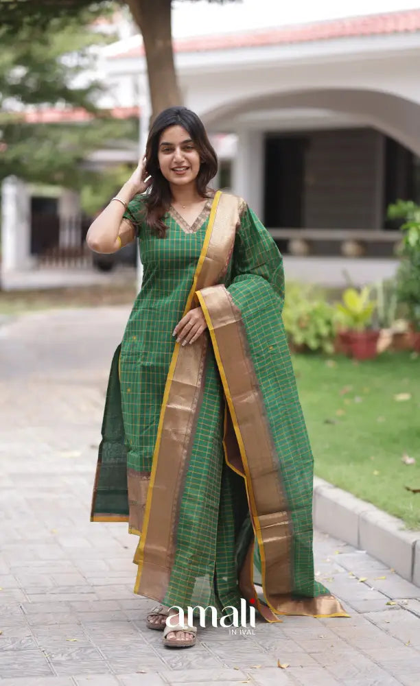Meera Chettinad Cotton Salwar - Deep Green and Mustard salwar