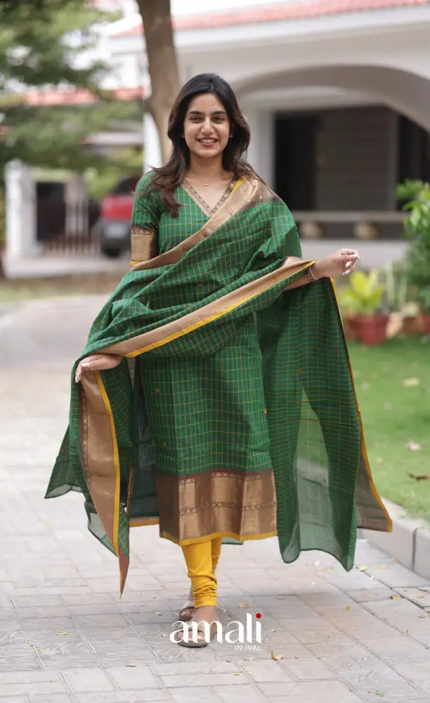 Meera Chettinad Cotton Salwar - Deep Green and Mustard salwar