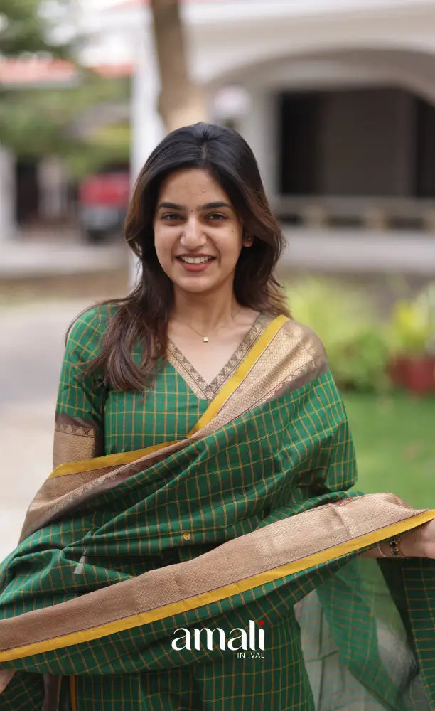 Meera Chettinad Cotton Salwar - Deep Green and Mustard salwar