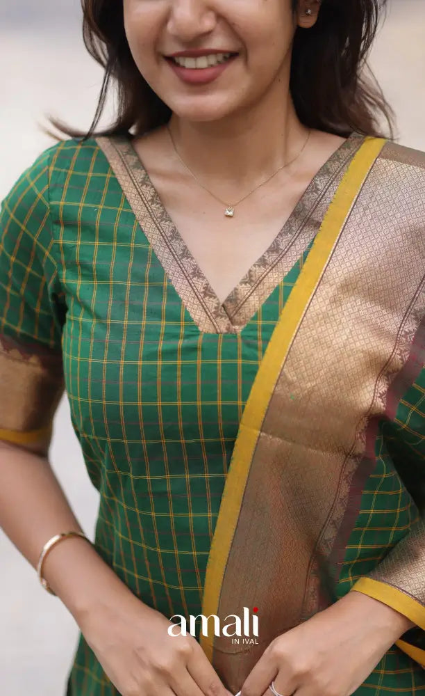 Meera Chettinad Cotton Salwar - Deep Green and Mustard salwar
