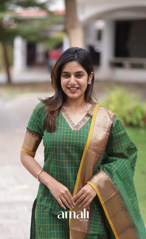 Meera Chettinad Cotton Salwar - Deep Green and Mustard salwar
