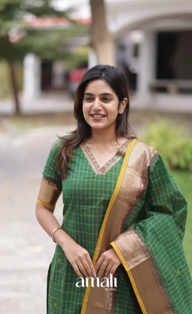 Meera Chettinad Cotton Salwar - Deep Green and Mustard salwar