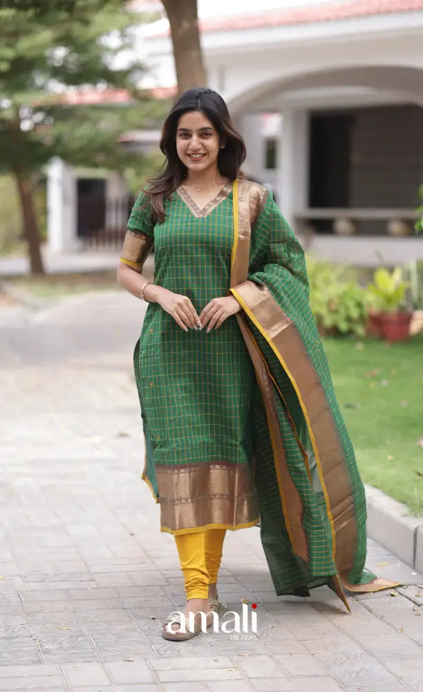 Meera Chettinad Cotton Salwar - Deep Green and Mustard salwar