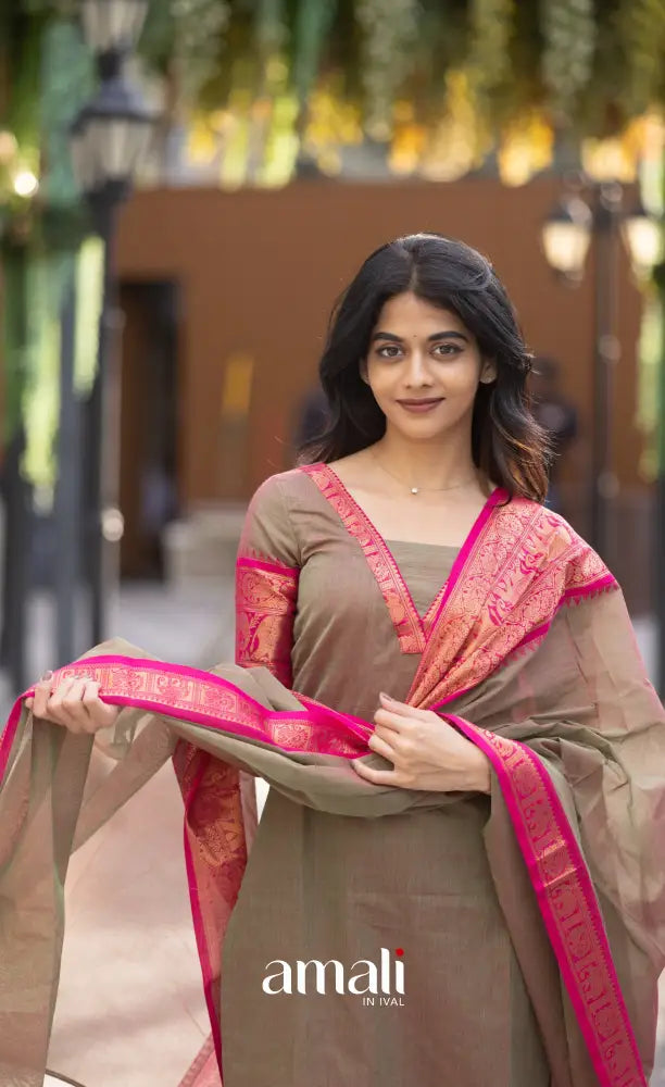 Meera Chettinad Cotton Salwar - Greenish grey and Pink salwar