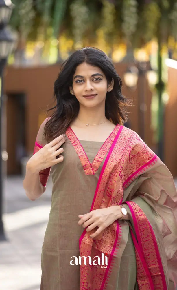 Meera Chettinad Cotton Salwar - Greenish grey and Pink salwar