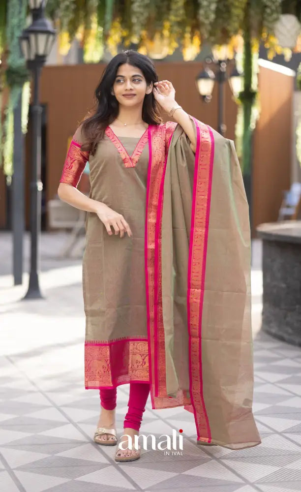 Meera Chettinad Cotton Salwar - Greenish grey and Pink salwar