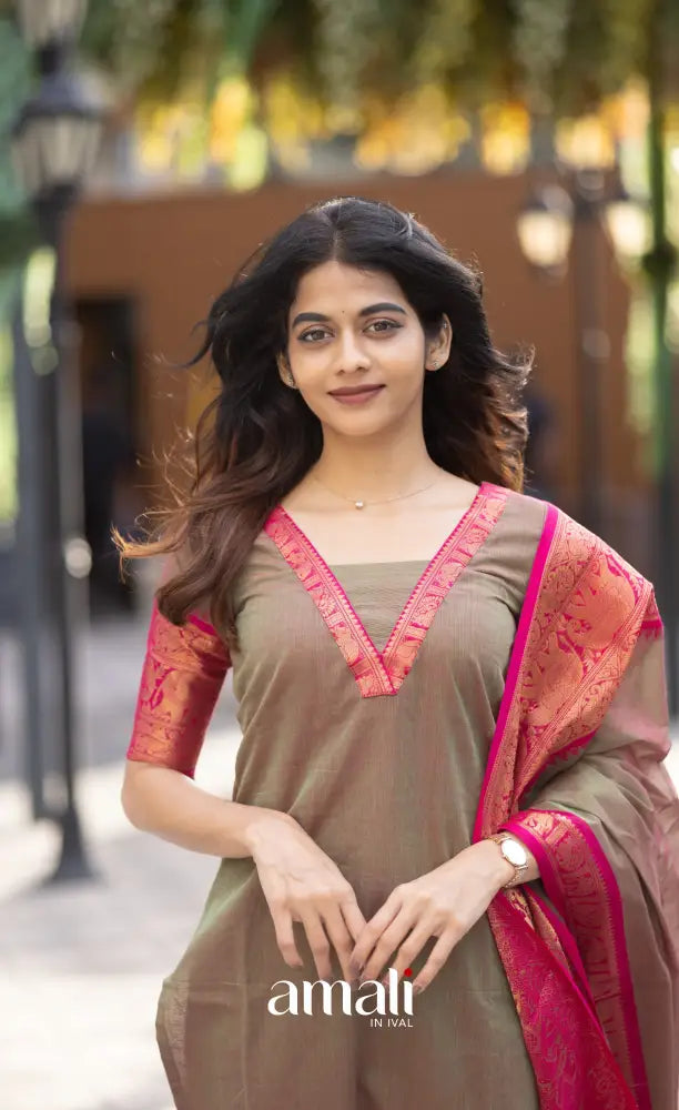 Meera Chettinad Cotton Salwar - Greenish grey and Pink salwar