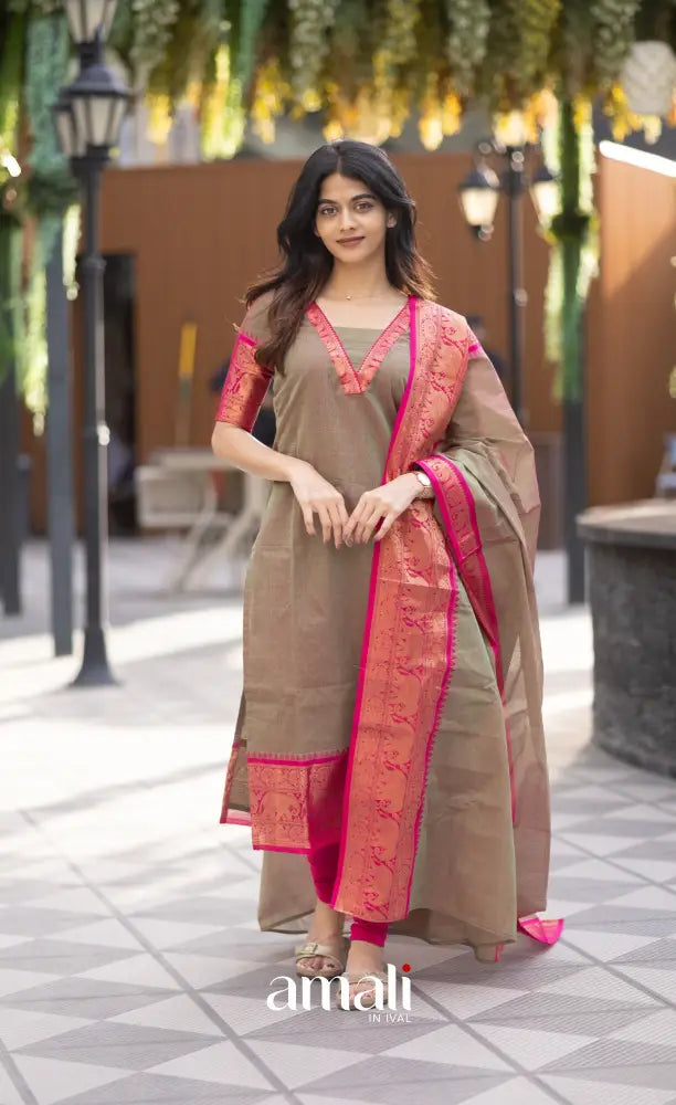 Meera Chettinad Cotton Salwar - Greenish grey and Pink salwar