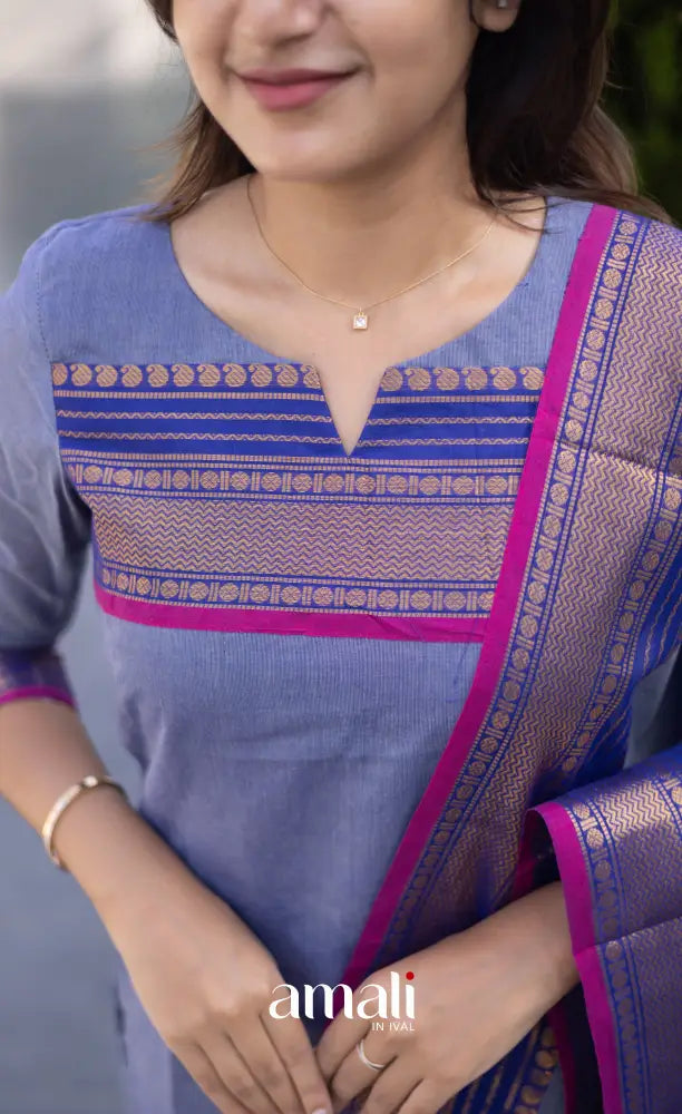 Meera Chettinad Cotton Salwar - Greyish Blue and dark Pink salwar