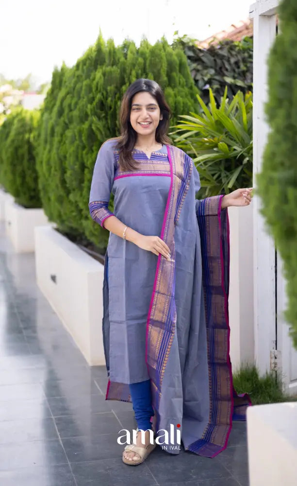 Meera Chettinad Cotton Salwar - Greyish Blue and dark Pink salwar