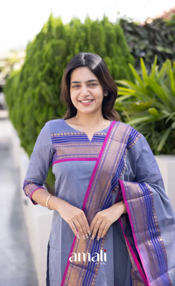 Meera Chettinad Cotton Salwar - Greyish Blue and dark Pink salwar