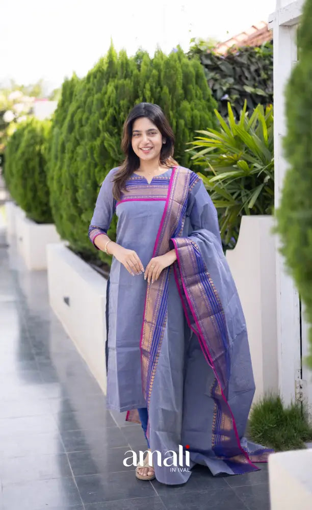 Meera Chettinad Cotton Salwar - Greyish Blue and dark Pink salwar