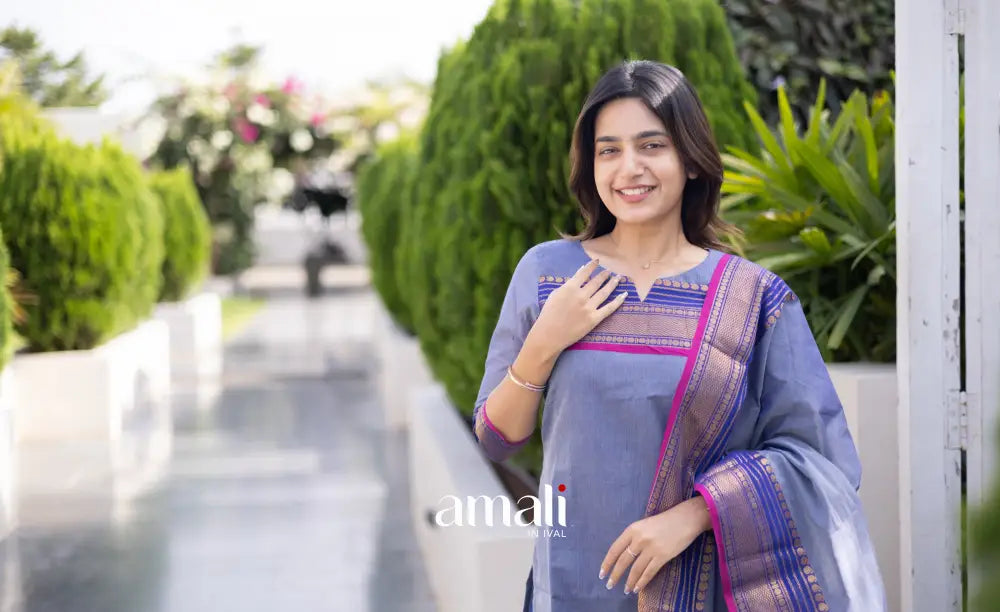 Meera Chettinad Cotton Salwar - Greyish Blue and dark Pink salwar