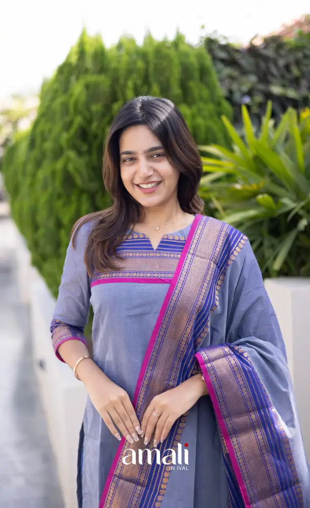Meera Chettinad Cotton Salwar - Greyish Blue and dark Pink salwar