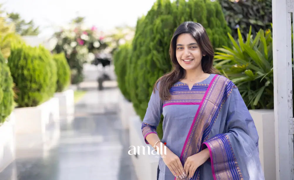 Meera Chettinad Cotton Salwar - Greyish Blue and dark Pink salwar