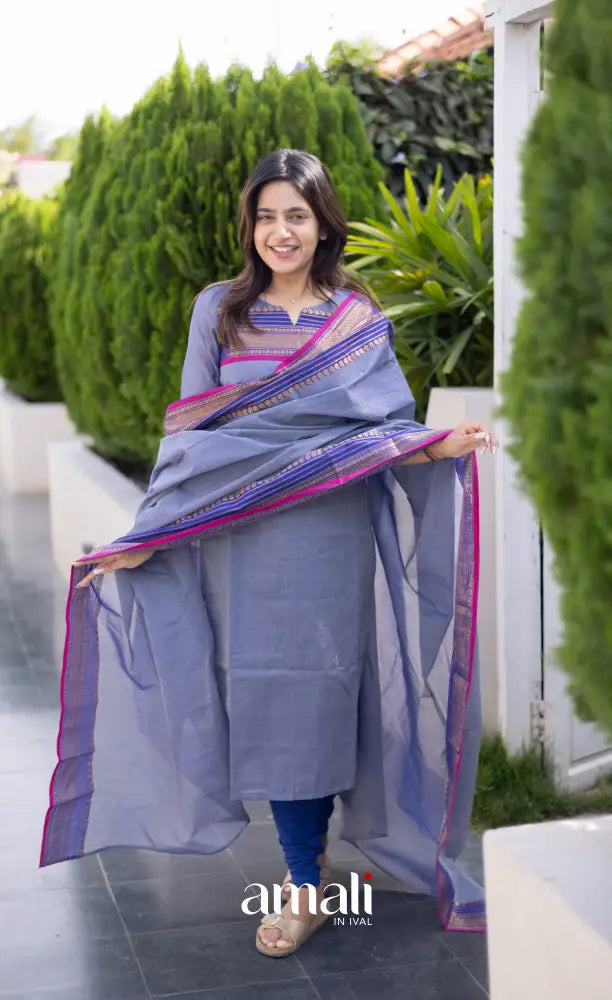 Meera Chettinad Cotton Salwar - Greyish Blue and dark Pink salwar