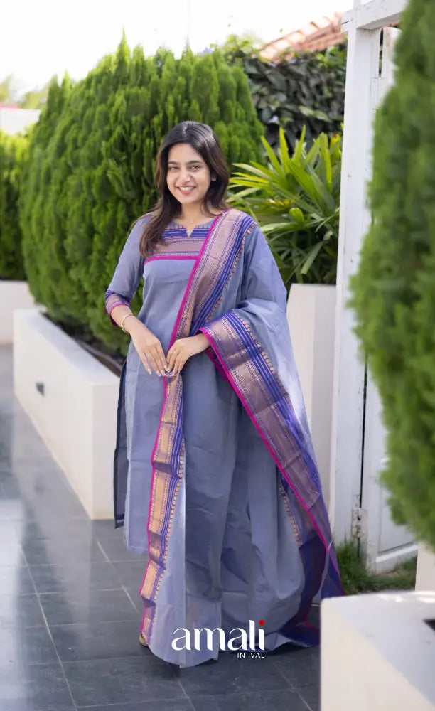 Meera Chettinad Cotton Salwar - Greyish Blue and dark Pink salwar