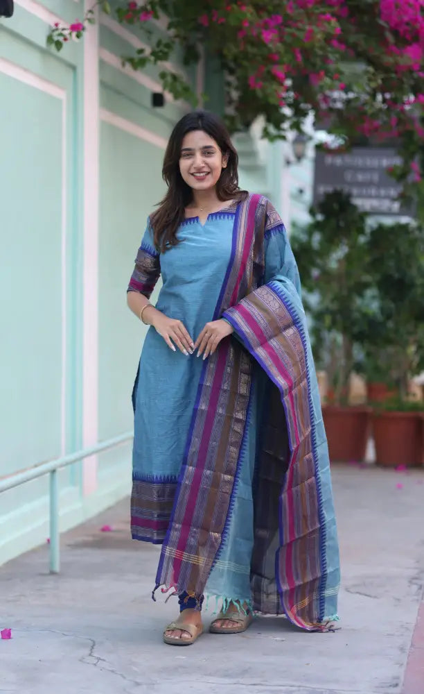 Meera Chettinad Cotton Salwar - Light Blue and Dark Blue salwar
