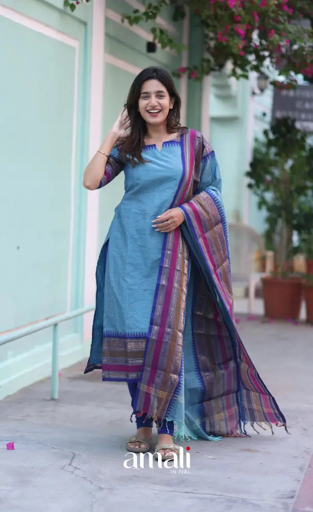 Meera Chettinad Cotton Salwar - Light Blue and Dark Blue salwar