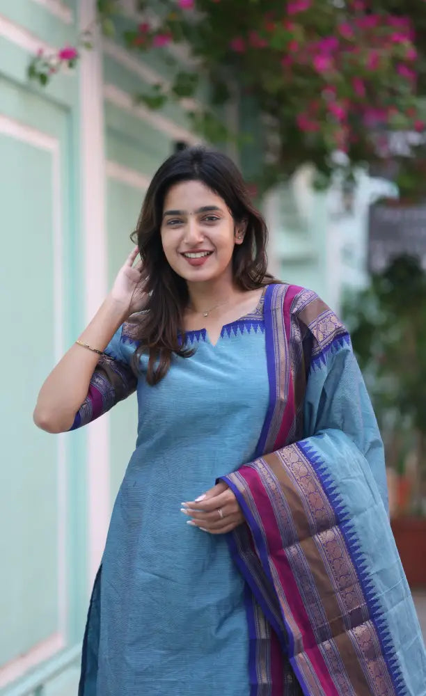 Meera Chettinad Cotton Salwar - Light Blue and Dark Blue salwar
