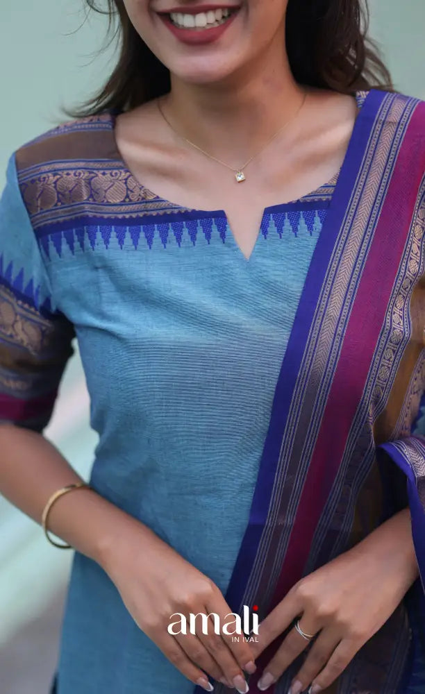 Meera Chettinad Cotton Salwar - Light Blue and Dark Blue salwar