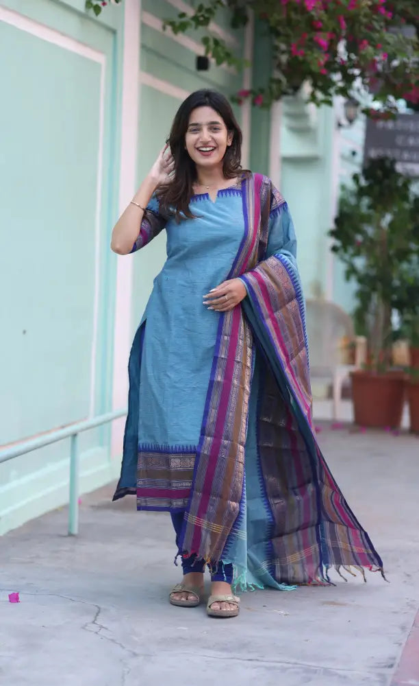 Meera Chettinad Cotton Salwar - Light Blue and Dark Blue salwar