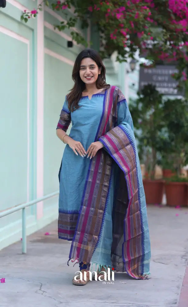 Meera Chettinad Cotton Salwar - Light Blue and Dark Blue salwar