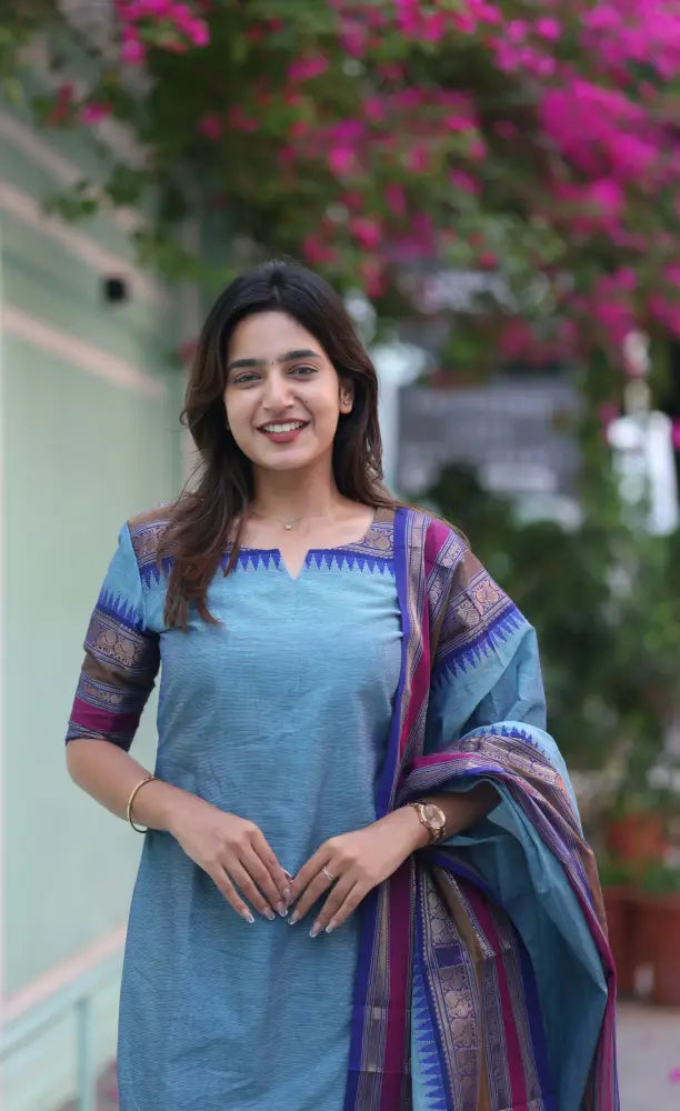Meera Chettinad Cotton Salwar - Light Blue and Dark Blue salwar