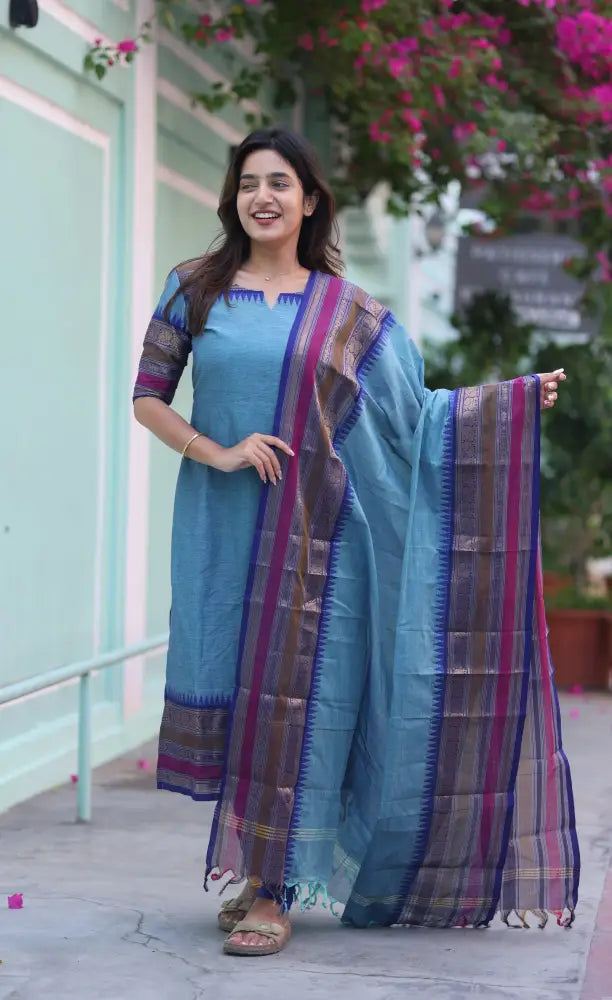 Meera Chettinad Cotton Salwar - Light Blue and Dark Blue salwar
