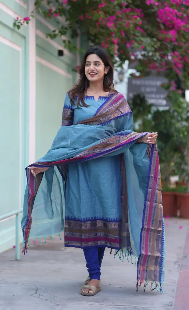 Meera Chettinad Cotton Salwar - Light Blue and Dark Blue salwar