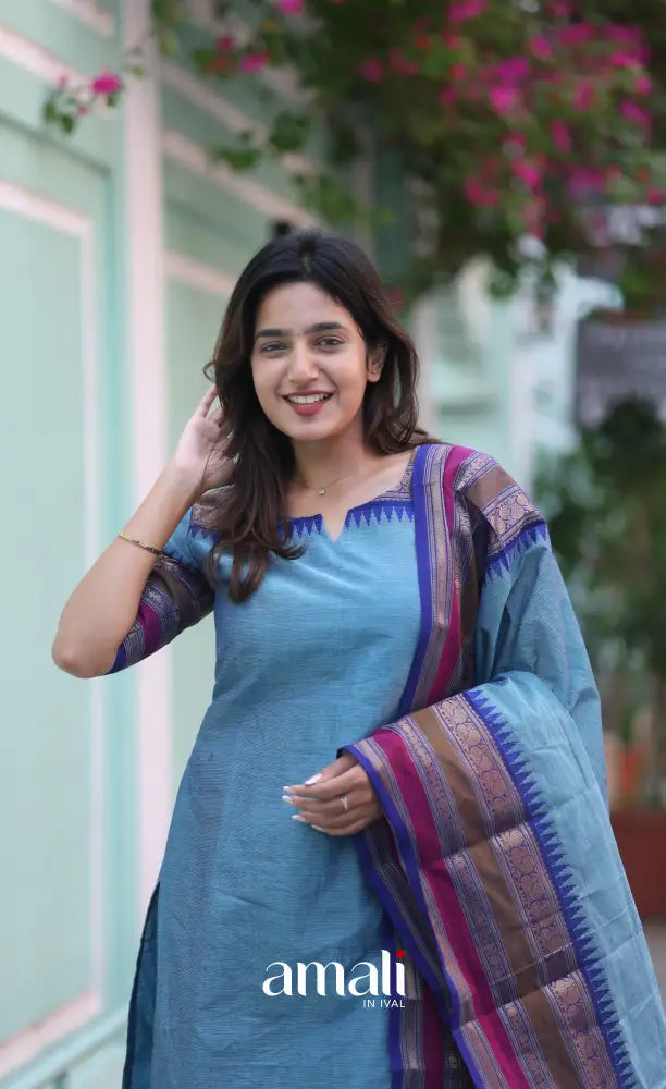 Meera Chettinad Cotton Salwar - Light Blue and Dark Blue salwar