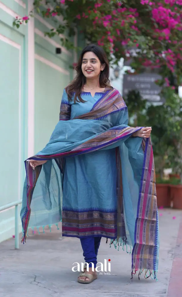 Meera Chettinad Cotton Salwar - Light Blue and Dark Blue salwar