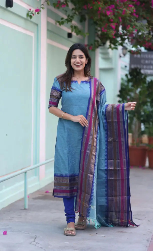 Meera Chettinad Cotton Salwar - Light Blue and Dark Blue salwar
