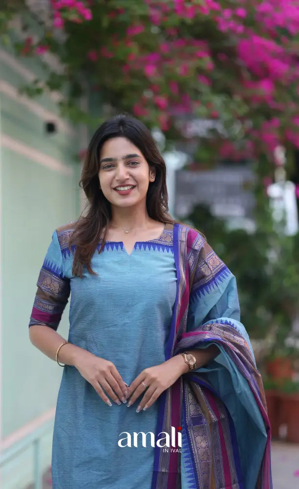 Meera Chettinad Cotton Salwar - Light Blue and Dark Blue salwar