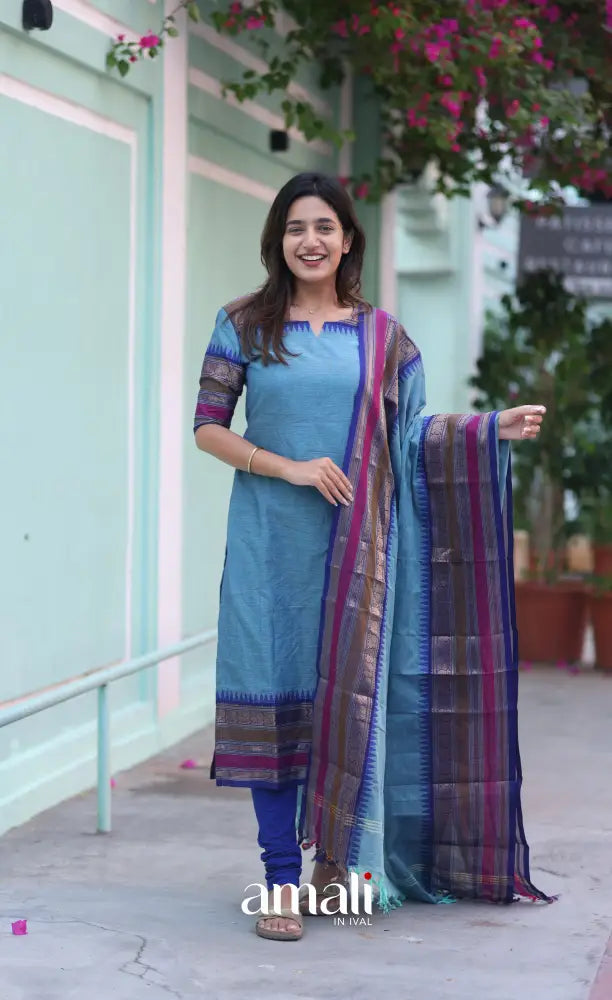 Meera Chettinad Cotton Salwar - Light Blue and Dark Blue salwar