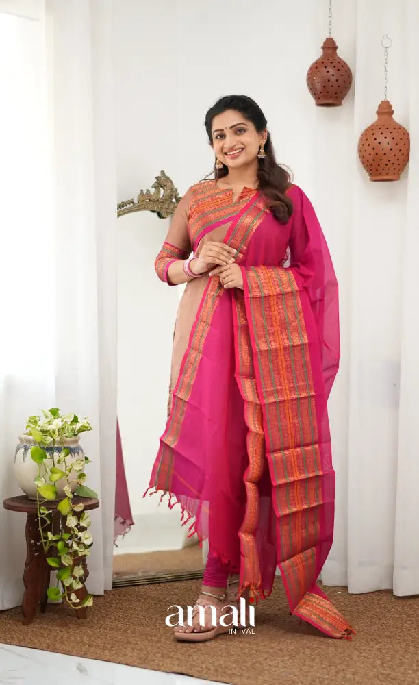 Meera Chettinad Cotton Salwar - Light Brown and Pink - salwar