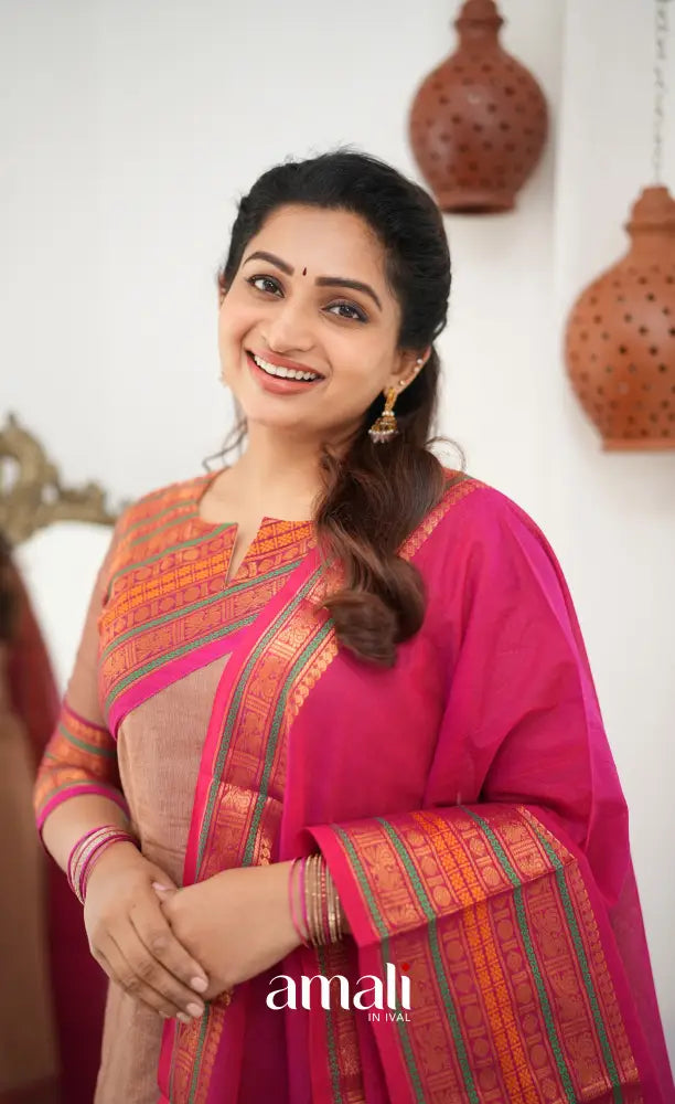 Meera Chettinad Cotton Salwar - Light Brown and Pink - salwar