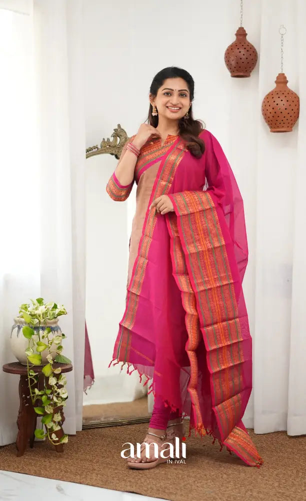 Meera Chettinad Cotton Salwar - Light Brown and Pink - salwar
