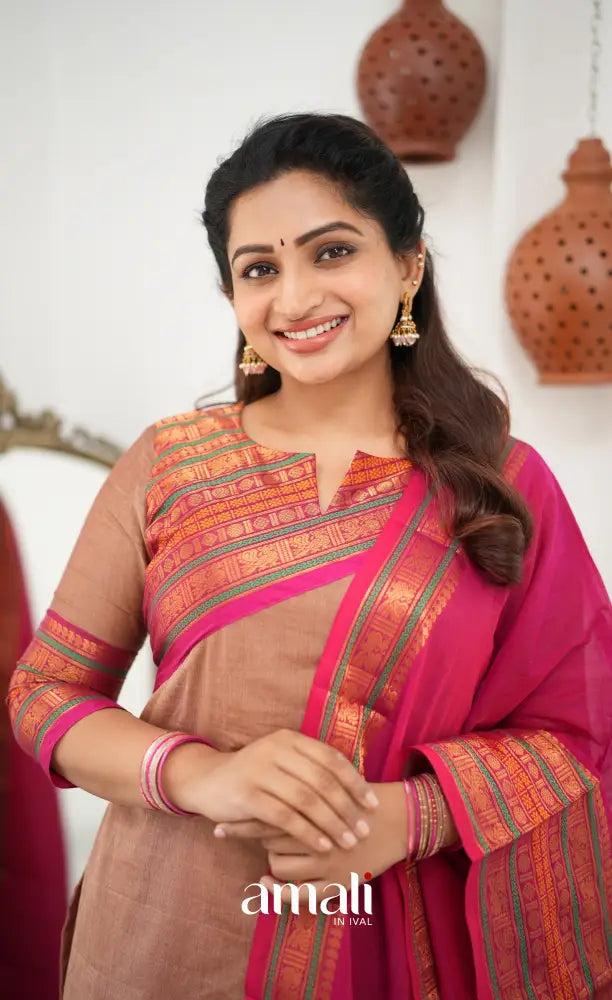 Meera Chettinad Cotton Salwar - Light Brown and Pink - salwar