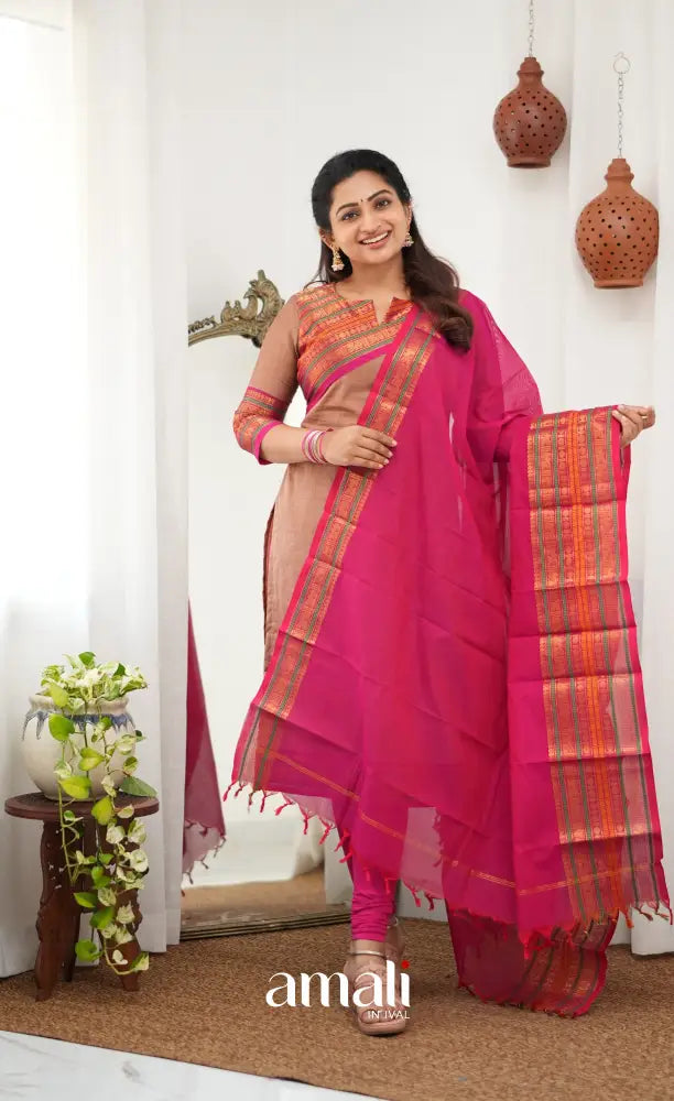 Meera Chettinad Cotton Salwar - Light Brown and Pink - salwar
