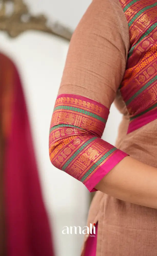 Meera Chettinad Cotton Salwar - Light Brown and Pink - salwar