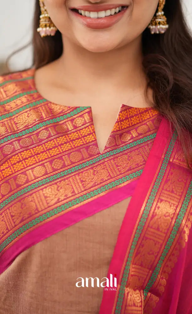 Meera Chettinad Cotton Salwar - Light Brown and Pink - salwar