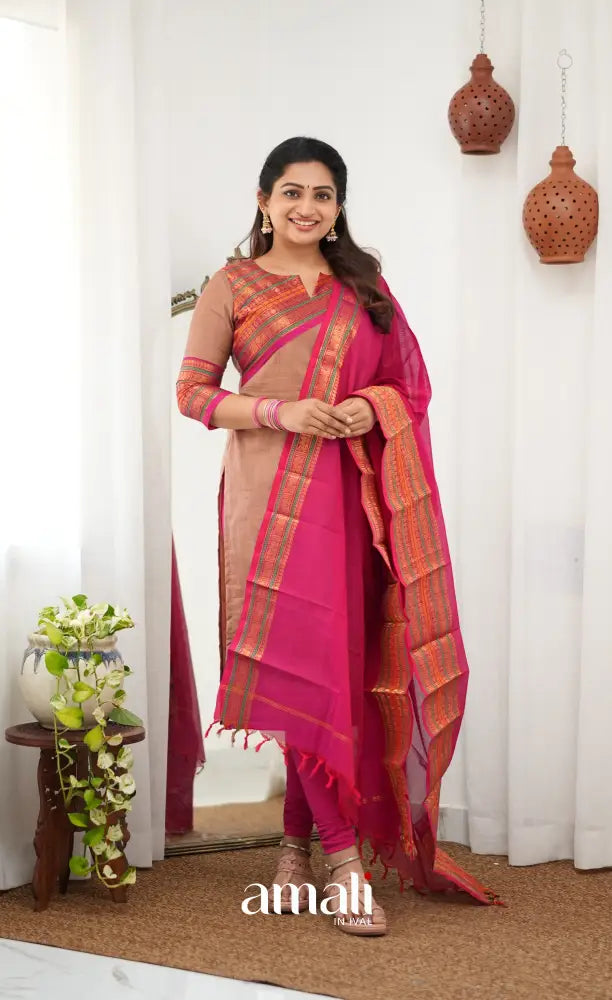 Meera Chettinad Cotton Salwar - Light Brown and Pink - salwar