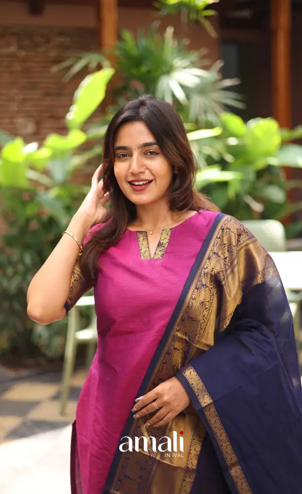 Meera Chettinad Cotton Salwar - Magenta Pink and Navy Blue salwar