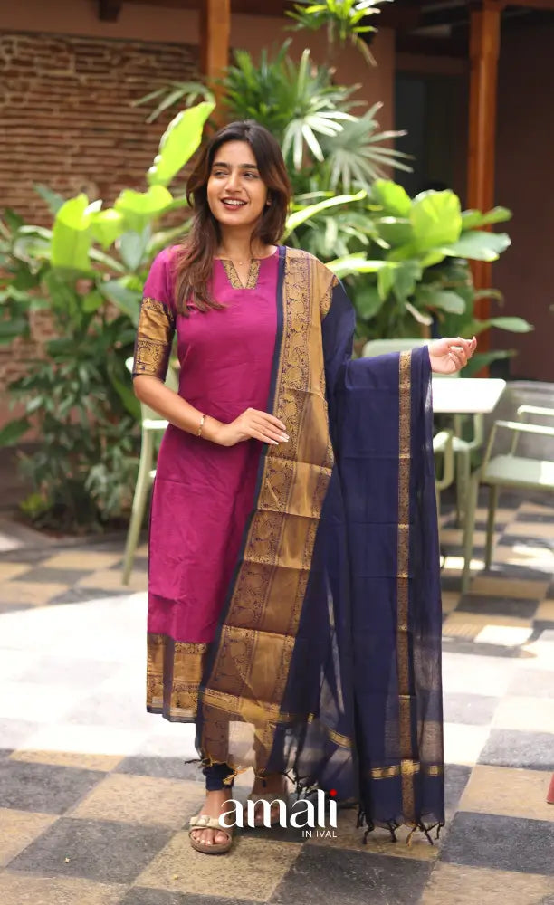 Meera Chettinad Cotton Salwar - Magenta Pink and Navy Blue salwar